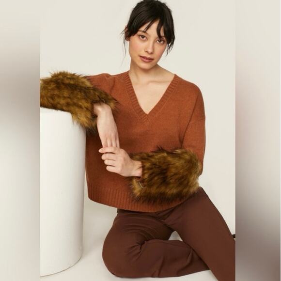 NAADAM Cashmere Sweater with Faux Fur Cuff Sleeves in Rust Brown - Picture 1 of 9